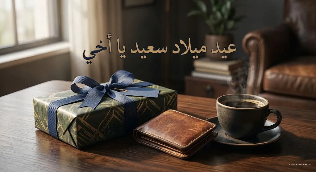 عبارات تهنئة عيد ميلاد للأخ مكتوبة على بطاقة مع كعكة عيد ميلاد